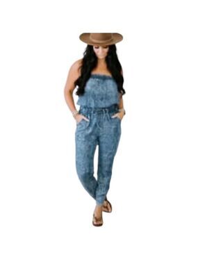 BLUIVY Strapless Blue Jean Romper Jumpsuit Drawstring Pockets Acid Washed EC L